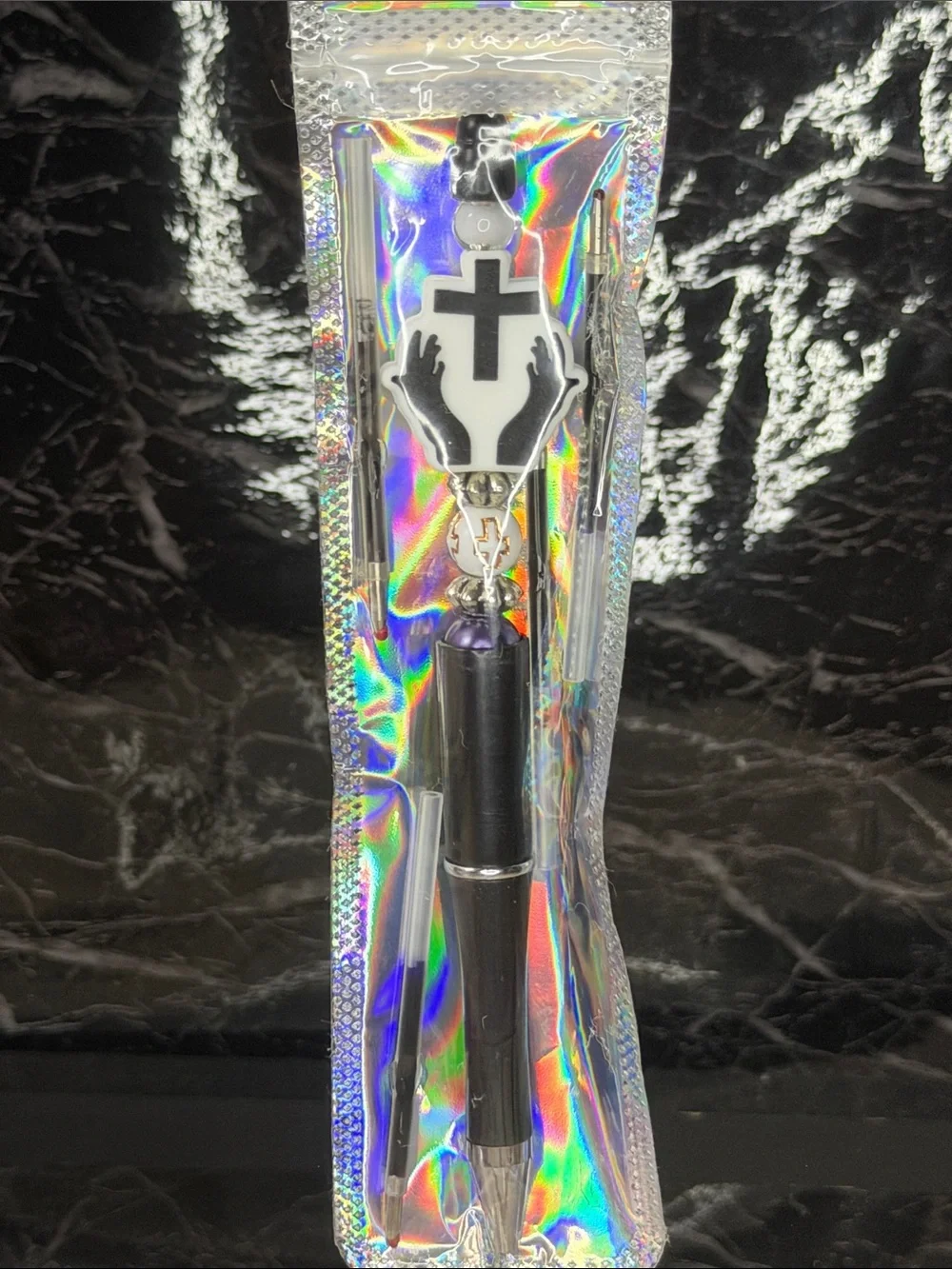 Black Cross Focal Bead Pen  Black and Blue Ink